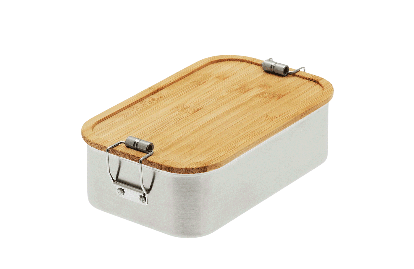 Cameleonpack Lunchbox CP BA C1 • 1100 ml aus Edelstahl mit Bambusdeckel, mit Bügelverschluss. Ansicht geschlossen von schräg oben.